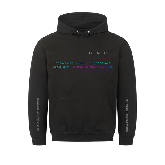 DEFRAG_EGO GLITCH_OVERDRIVE T-Shirt in Tiefschwarz. Frontansicht mit großflächigem, technischem Design-Print in Neon-Cyan und Magenta. Das Motiv zeigt eine digitale Glitch-Ästhetik mit verschobenen Code-Fragmenten und harten Kontrasten auf schwerem Baumwollstoff.